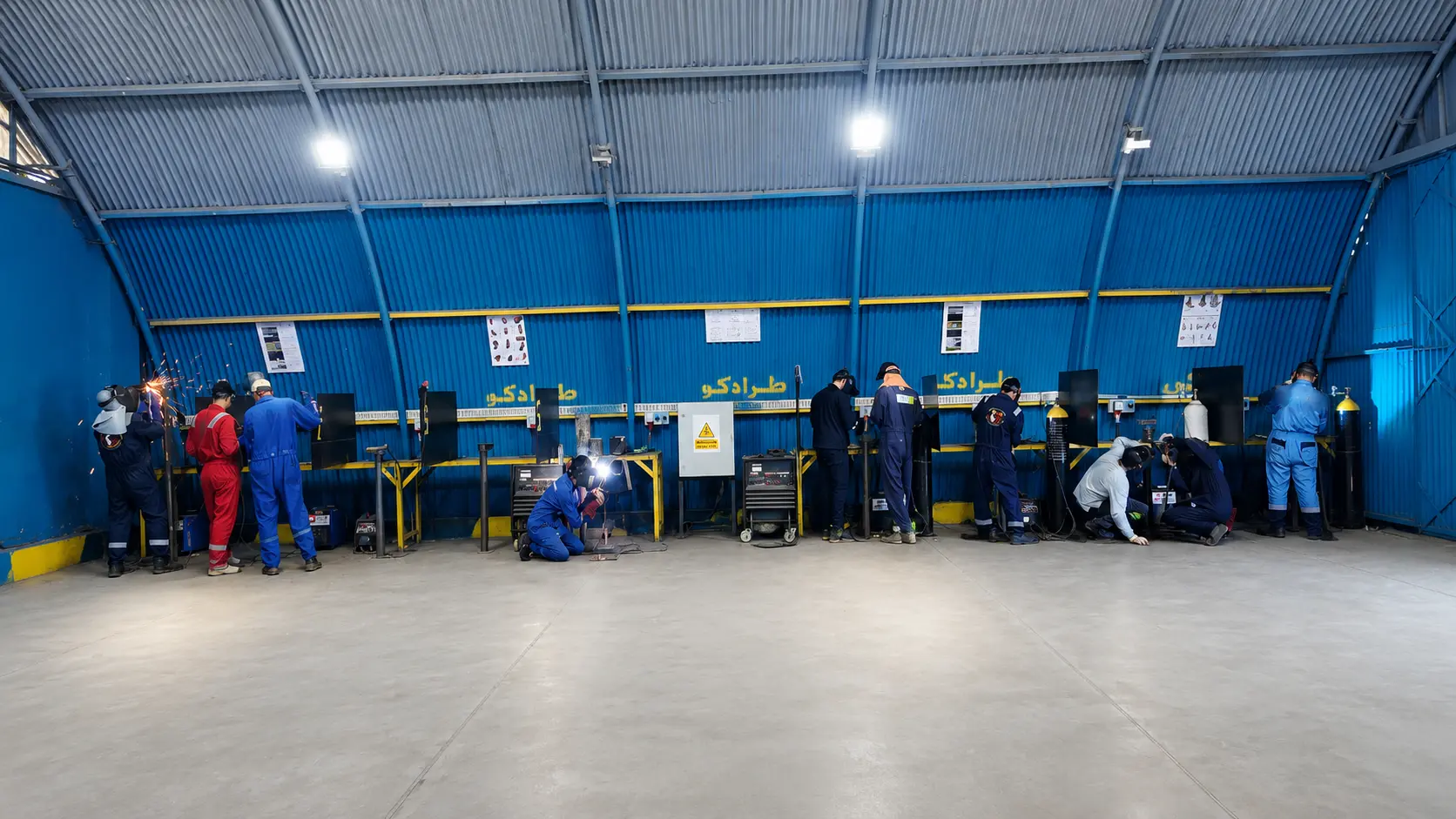 Trainees welding simultaneously across eight numbered booths inside the Tarradco Academy welding hall in Alexandria