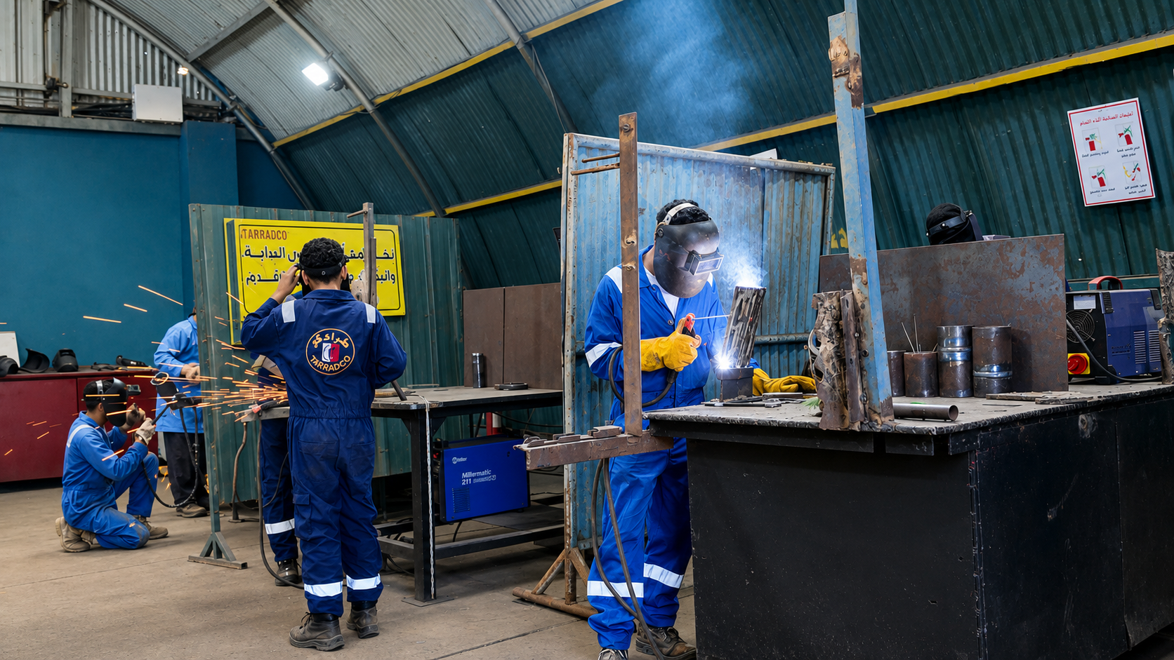 Interior of the Tarradco Academy welding hall showing welding stations and safety screens