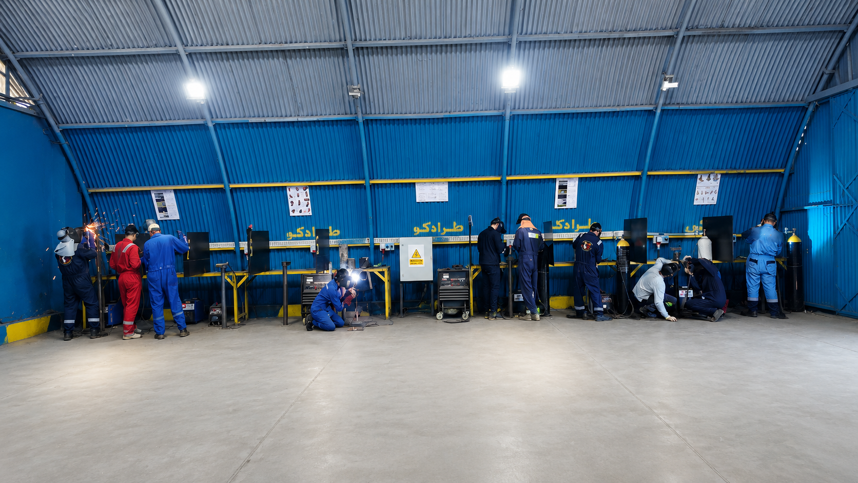 Row of individual welding booths with extraction hoods inside the Tarradco Academy training workshop