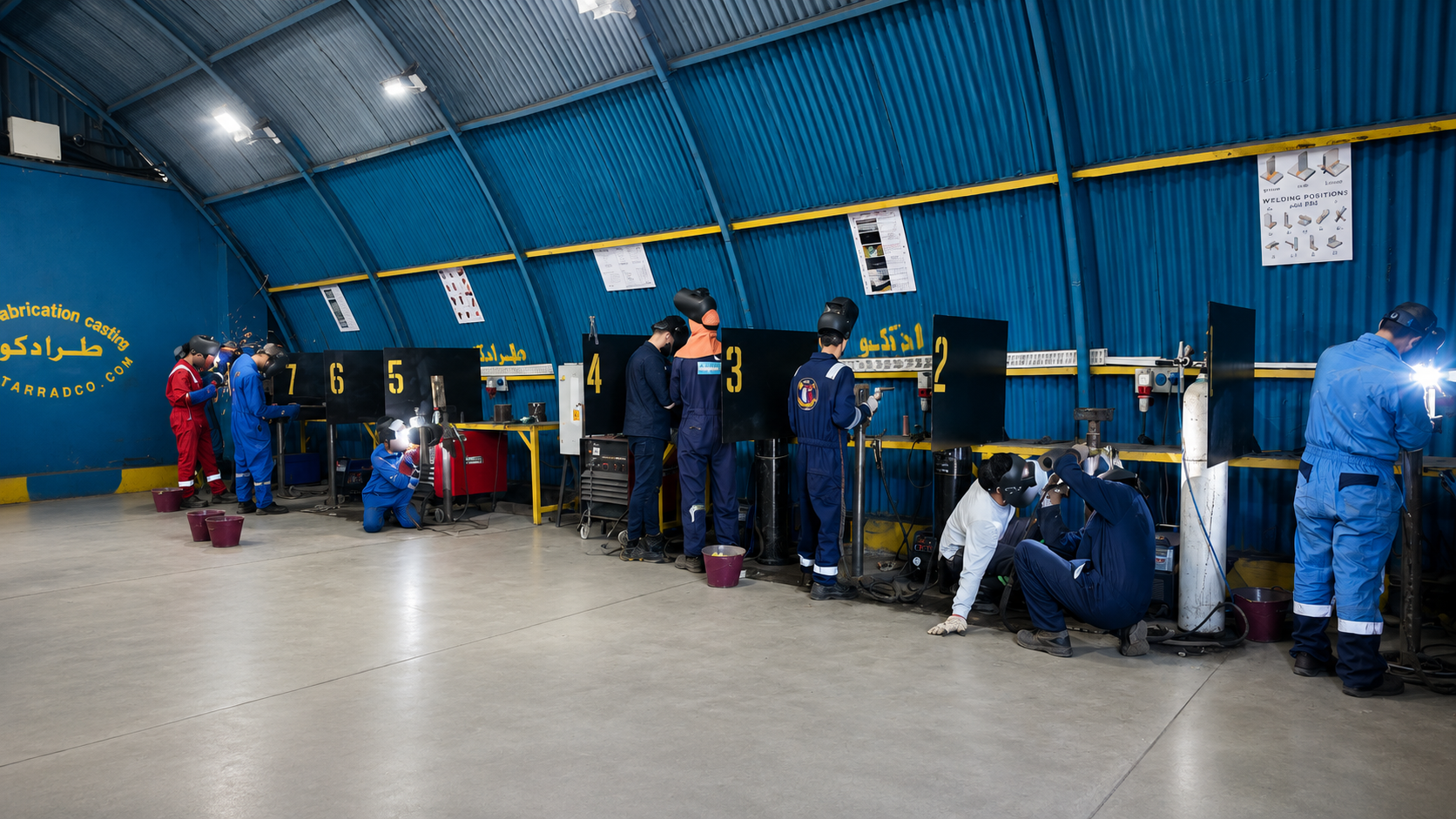 Trainee welding workshop bays with fabrication benches and welding machines at Tarradco Academy